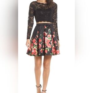 LA Merchandises 2-piece homecoming dress black lace long-sleeve top floral Skirt